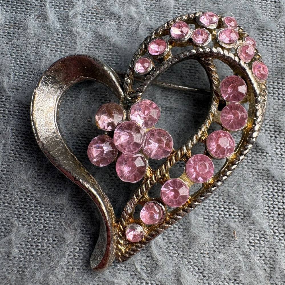 Vintage Pink Rhinestone Heart Brooch Silver Tone Floral Pin Accessory